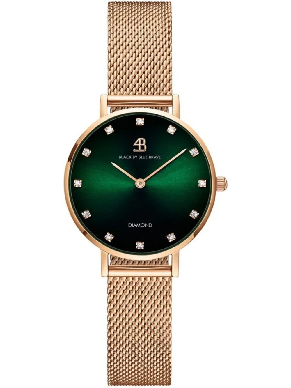 Trendy Green Women's Watch with 12 Diamond Markers, Rose Gold Mesh Band, 28mm